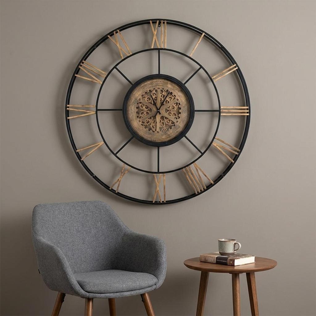 56" Circle Copper Metal and Glass Analog Exposed Gear Wall Clock - Home Decor