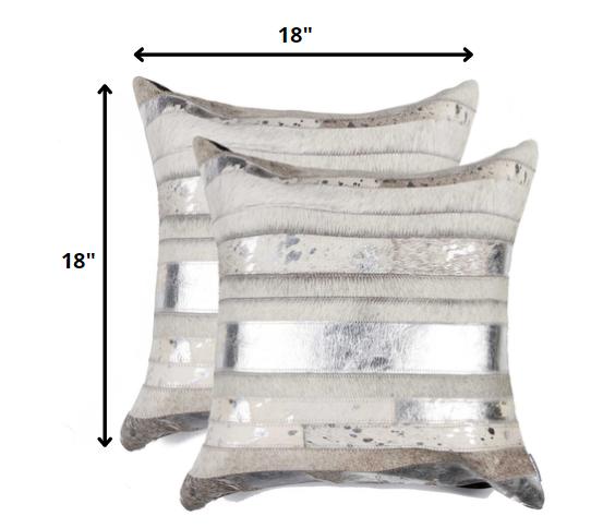Set of Two 18" Silver And Gray Cowhide Throw Pillows - Home Decor