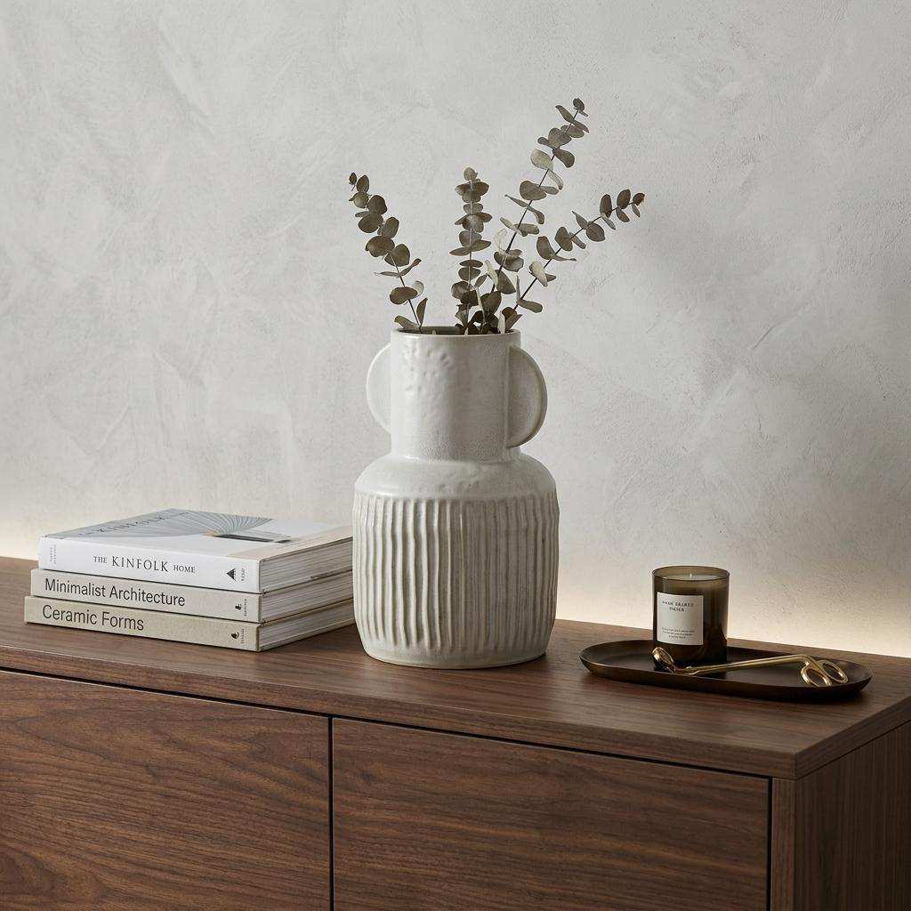 12" White Ribbed Ceramic Cylinder Table Vase - Home & Garden