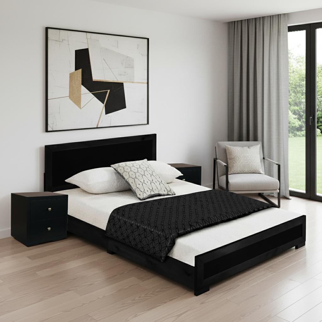 Moma Black Wood Platform King Bed With Two Nightstands - Bed & Bath