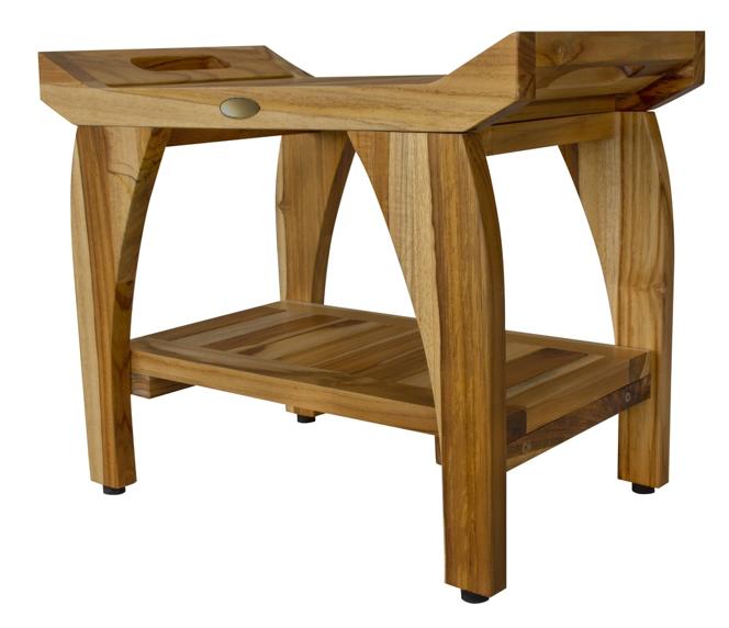 Teak shower bench with slatted seat, lower shelf, and rounded handle cutouts on both sides