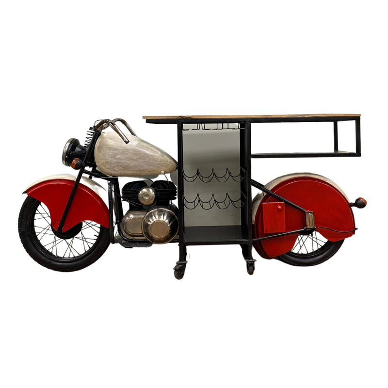 Red and Black Metal And Wood Rolling Glider Bike Bar Cart With Wine Storage - Kitchen & Dining