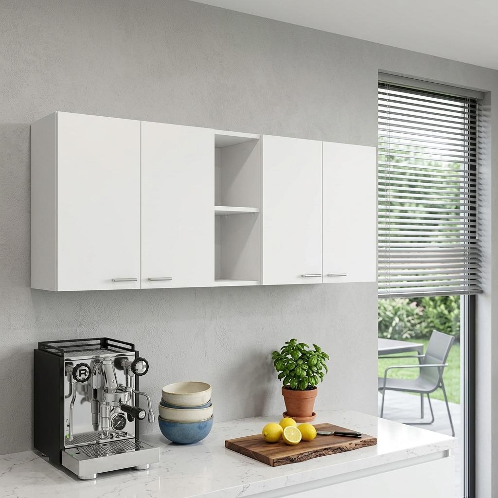 59" White Wood Wall Mounted Accent Cabinet With Four Doors - Kitchen & Dining
