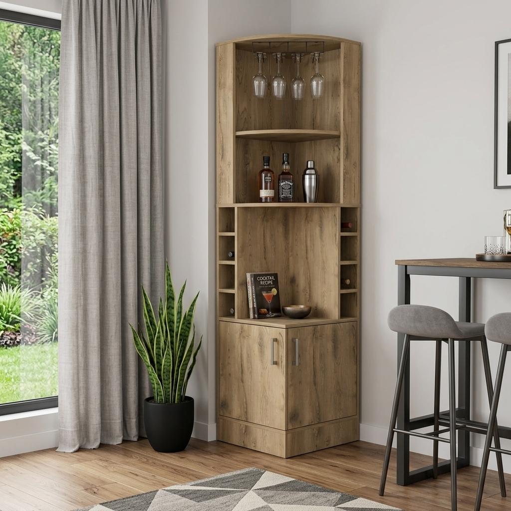 18" Natural Corner Bar Cabinet With Eleven Shelves - Kitchen & Dining