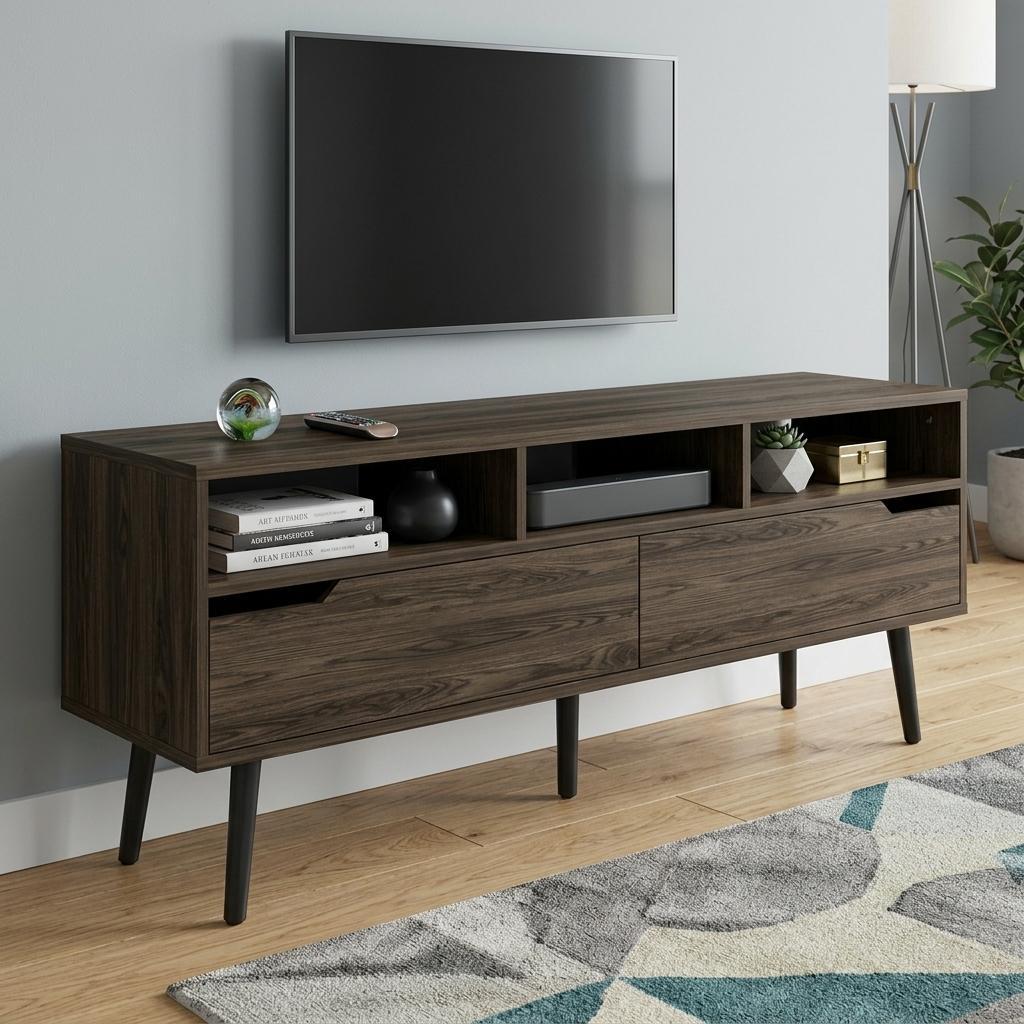 54" Dark Brown Walnut Enclosed and Open Storage TV Stand - Living Room
