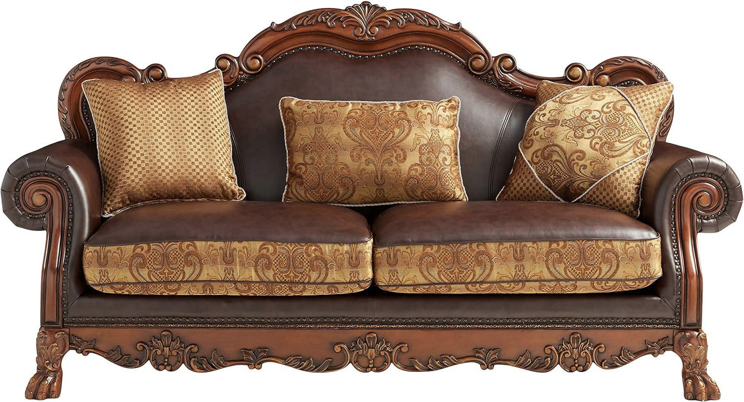 89" Brown Chenille Faux Leather and Wood Damask Sofa With Toss Pillows - Living Room