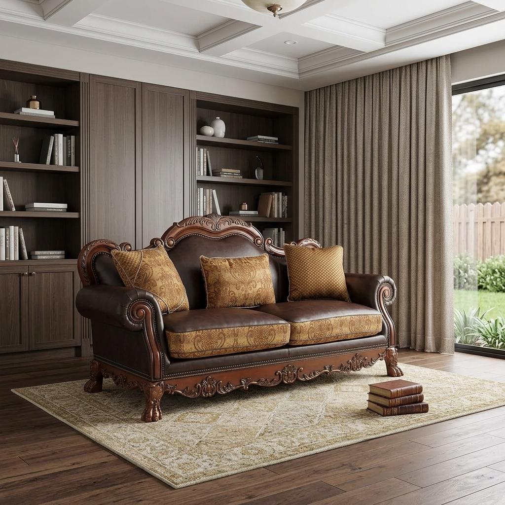 89" Brown Chenille Faux Leather and Wood Damask Sofa With Toss Pillows - Living Room