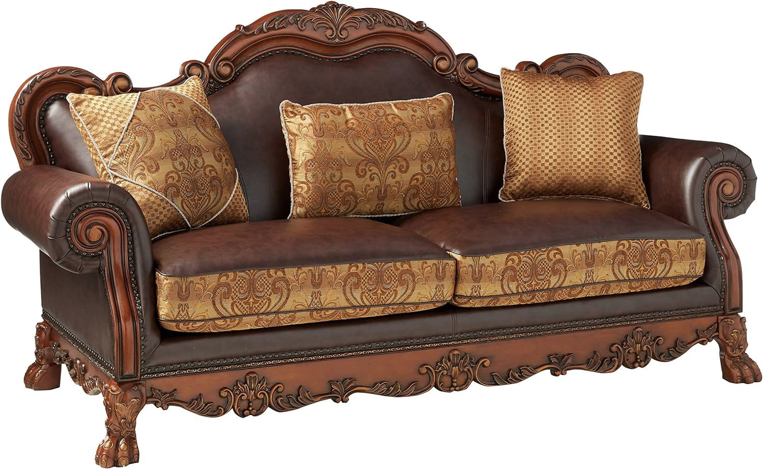 89" Brown Chenille Faux Leather and Wood Damask Sofa With Toss Pillows - Living Room