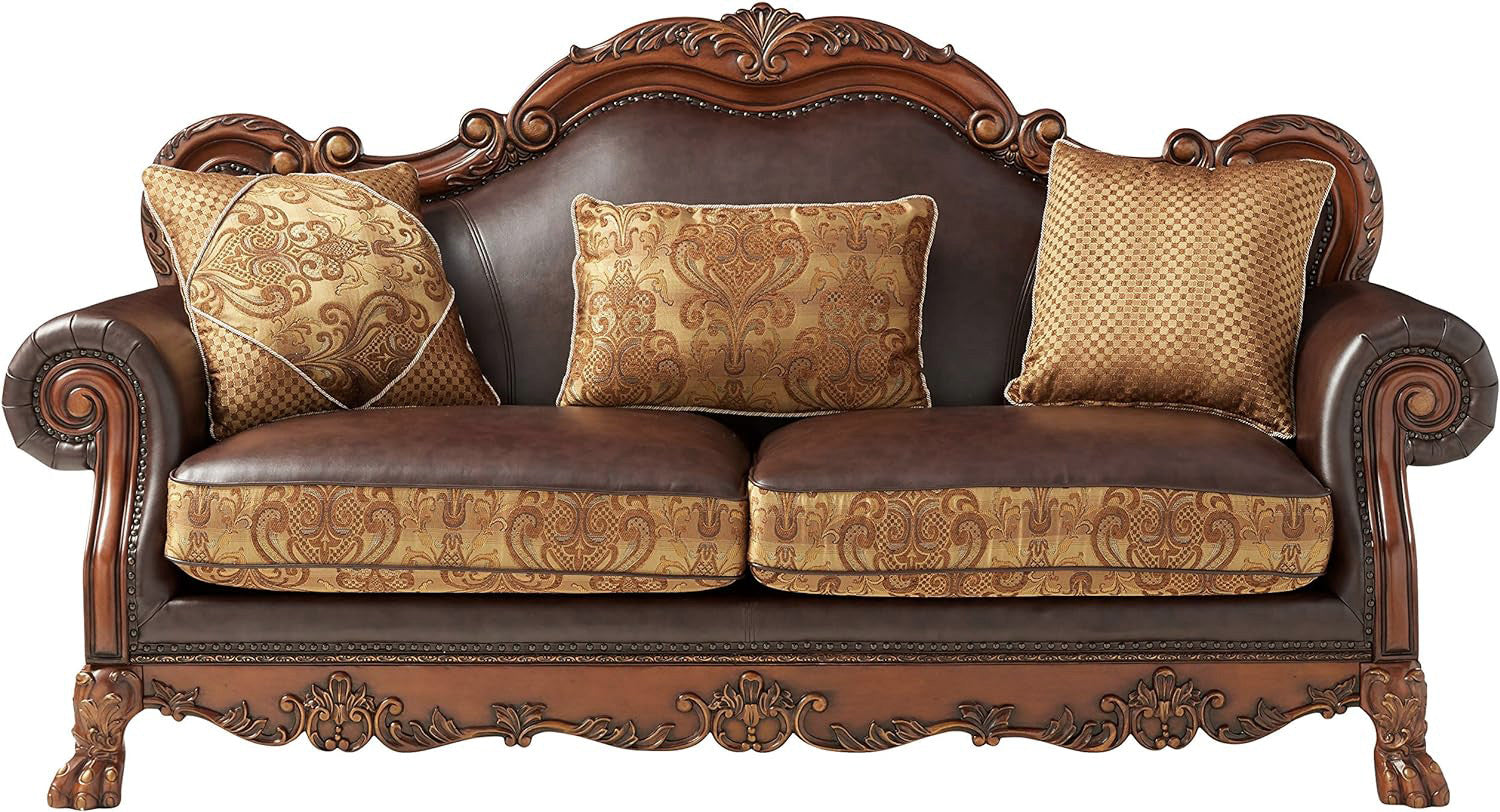 89" Brown Chenille Faux Leather and Wood Damask Sofa With Toss Pillows - Living Room