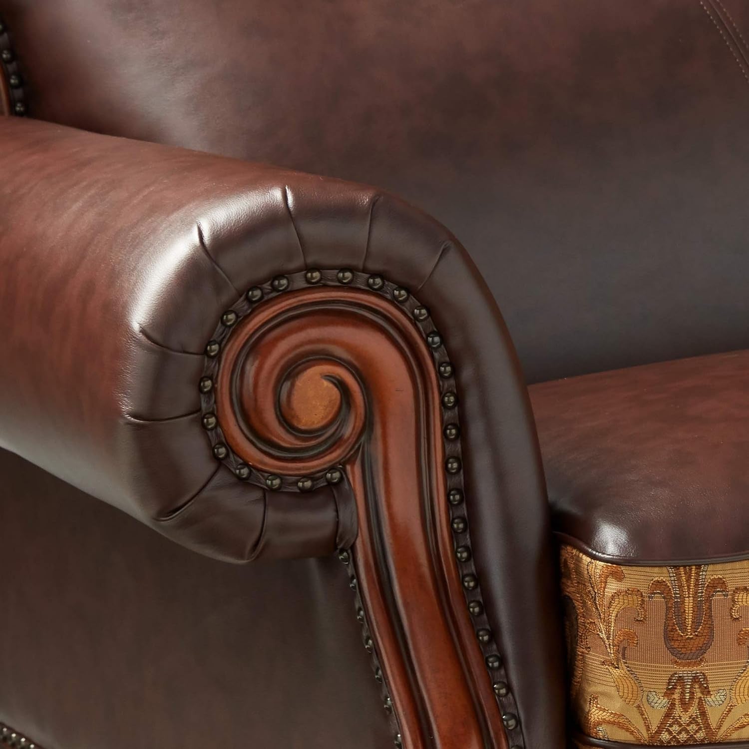 89" Brown Chenille Faux Leather and Wood Damask Sofa With Toss Pillows - Living Room