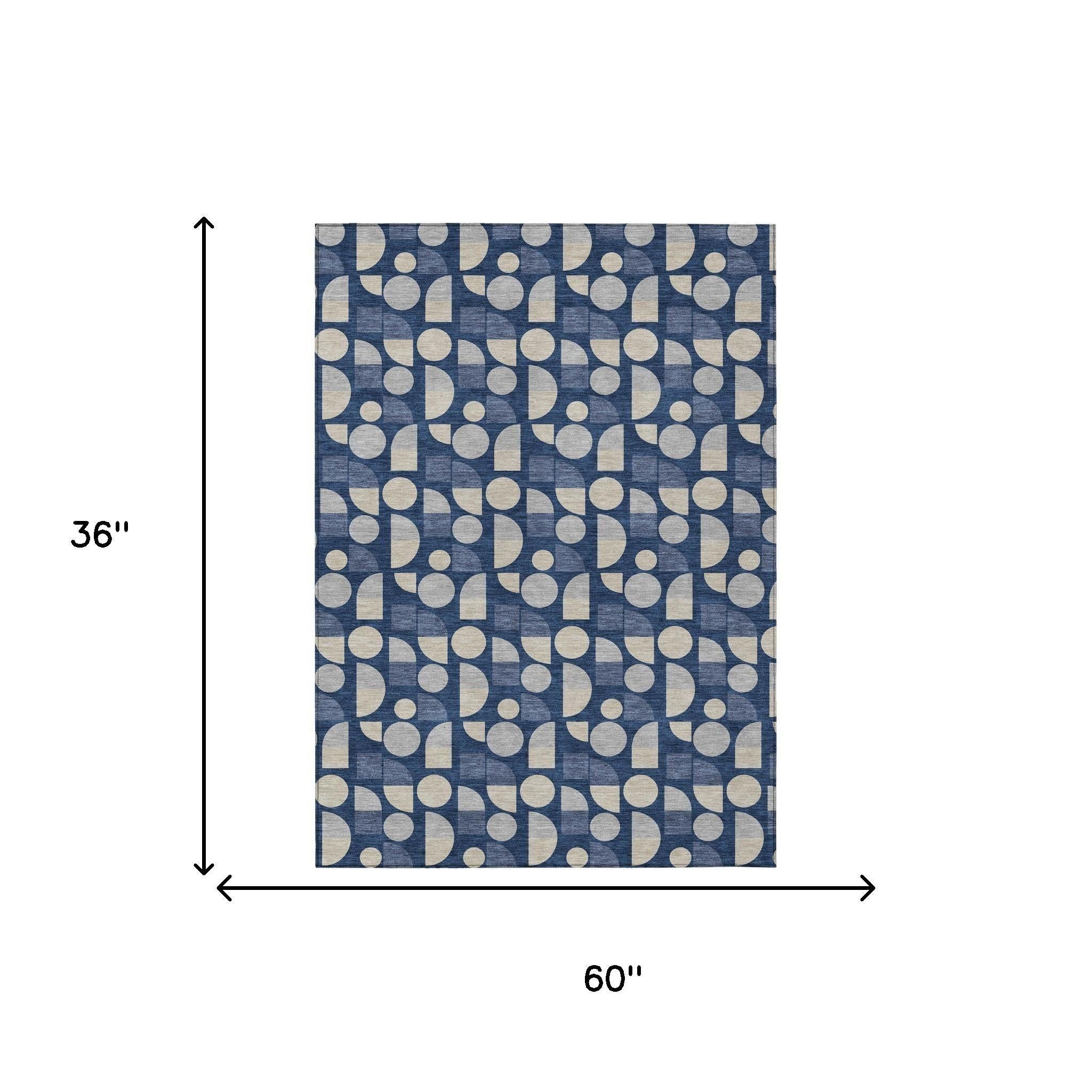 3x5 ft navy blue geometric area rug with light blue and beige pattern