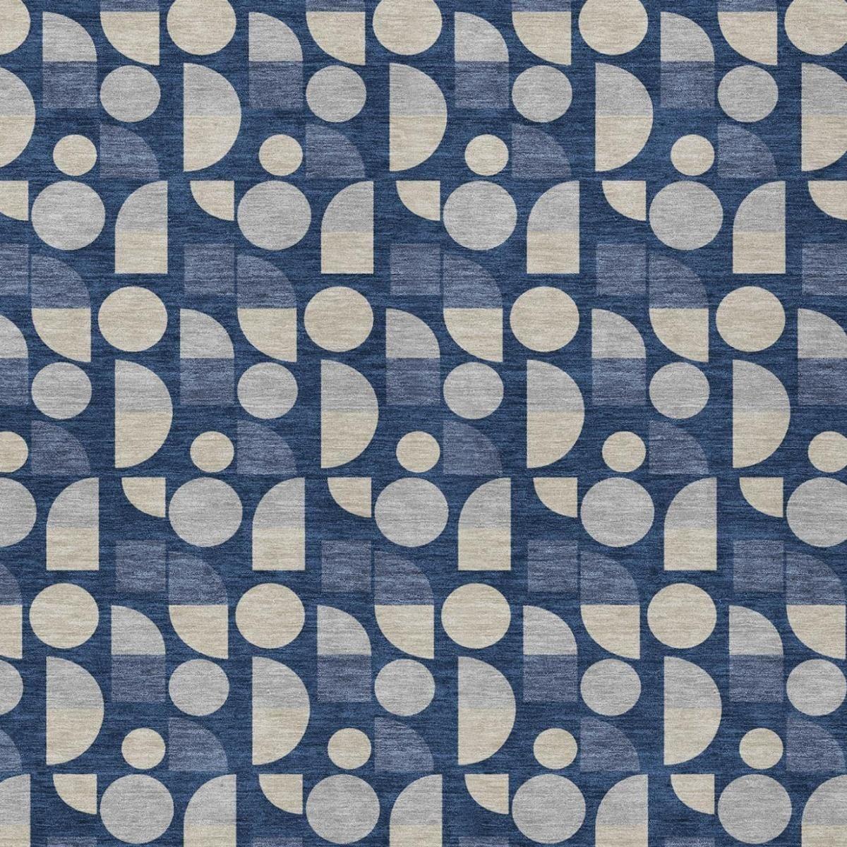 Pattern view of navy blue area rug with beige circles and rectangles