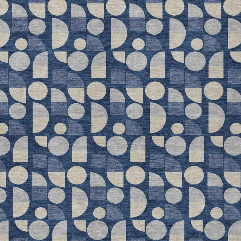 Pattern view of navy blue area rug with beige circles and rectangles