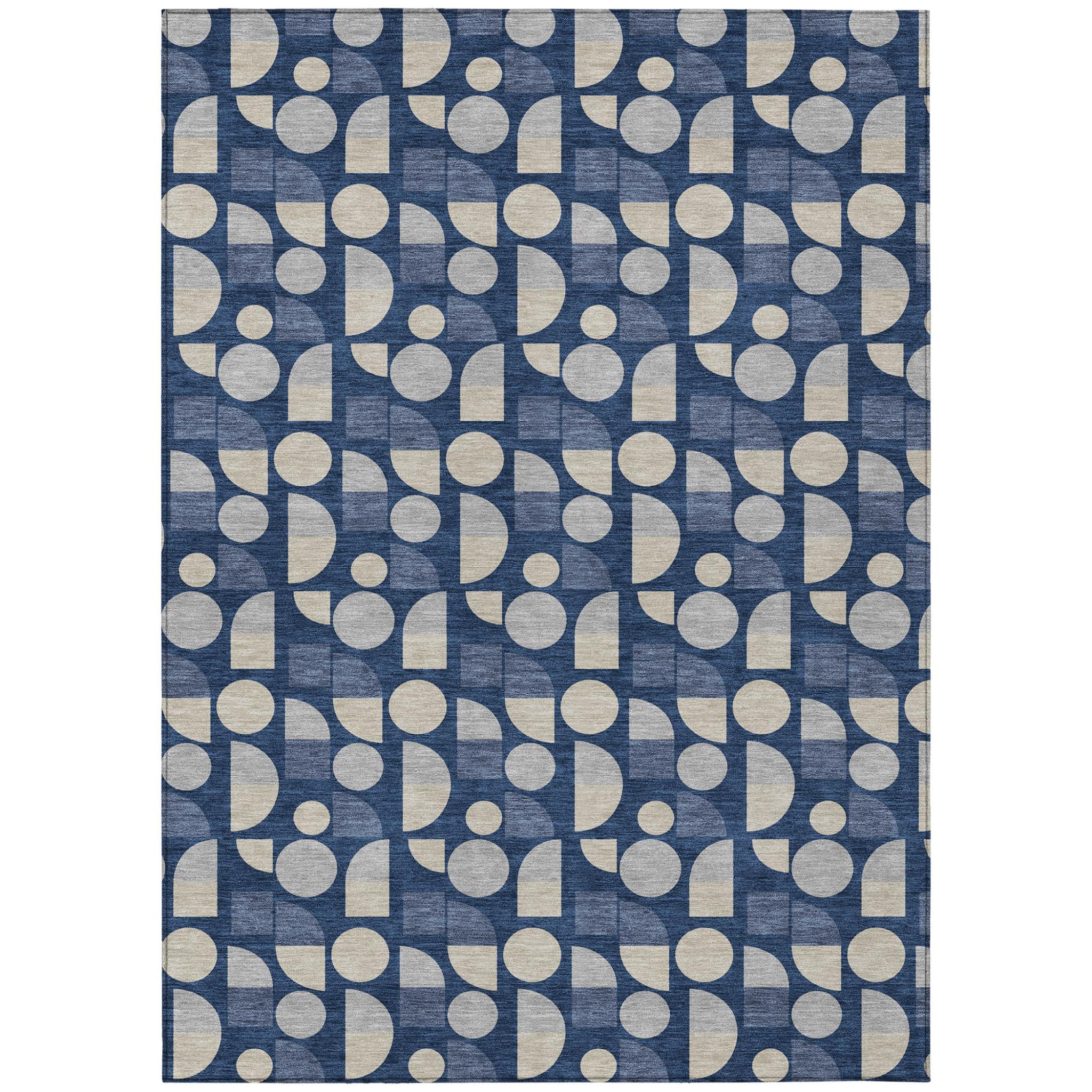 Navy blue geometric area rug with repeating beige circle-and-rectangle design