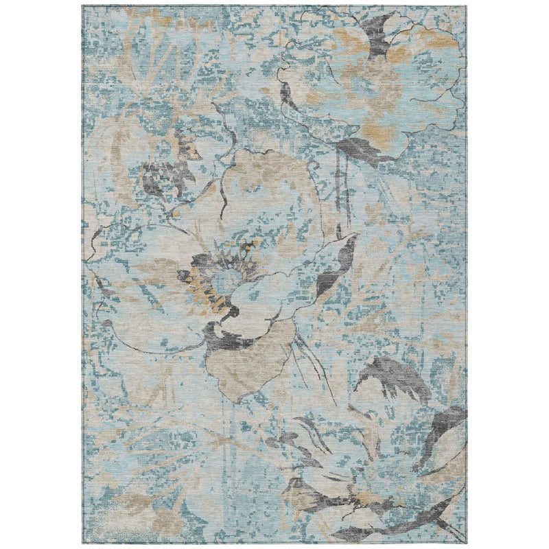 Light blue area rug with cream base and dark blue floral accents
