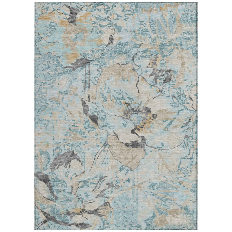 Rectangular area rug with light blue background and muted floral pattern
