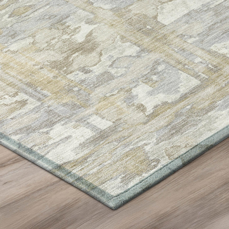 Ivory and silver abstract area rug, distressed flatwoven pattern with border