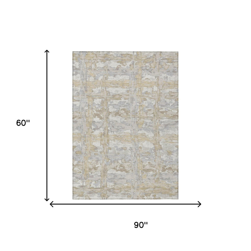 Abstract area rug, 90 in by 60 in, ivory and silver distressed pattern