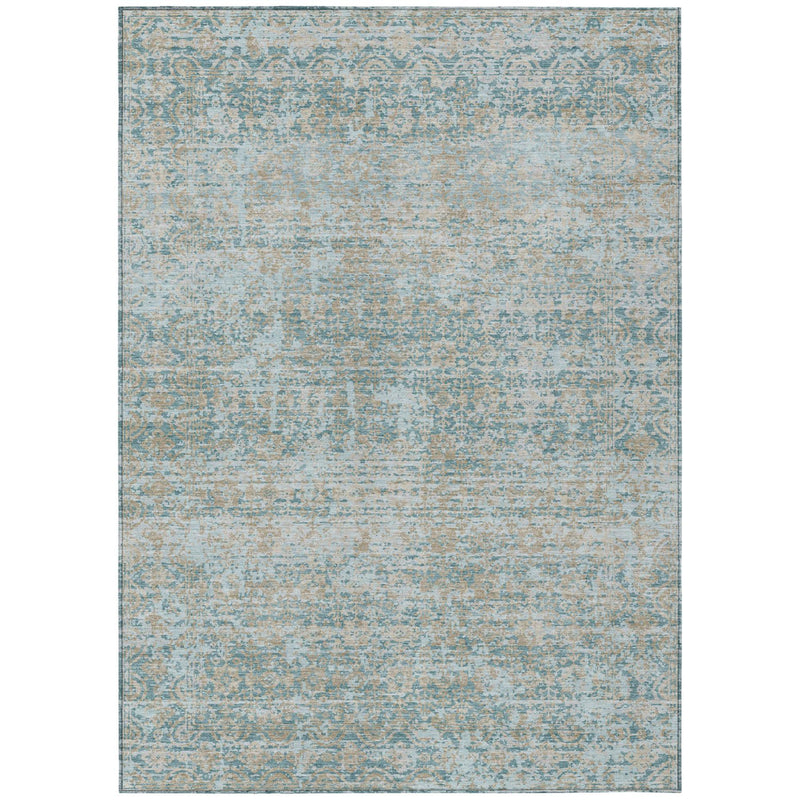 Rectangle area rug in light teal blue with silver distressed abstract medallion-like motifs