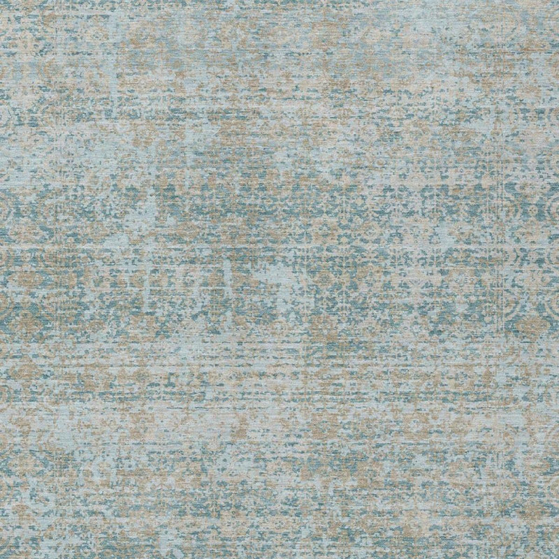 Light teal blue abstract rug with silver overlay pattern and subtle distressed look