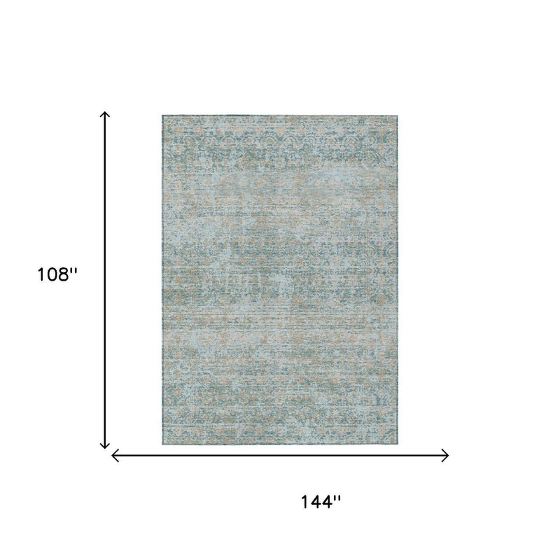 Teal blue and silver abstract area rug, flat top view with diagram proportions