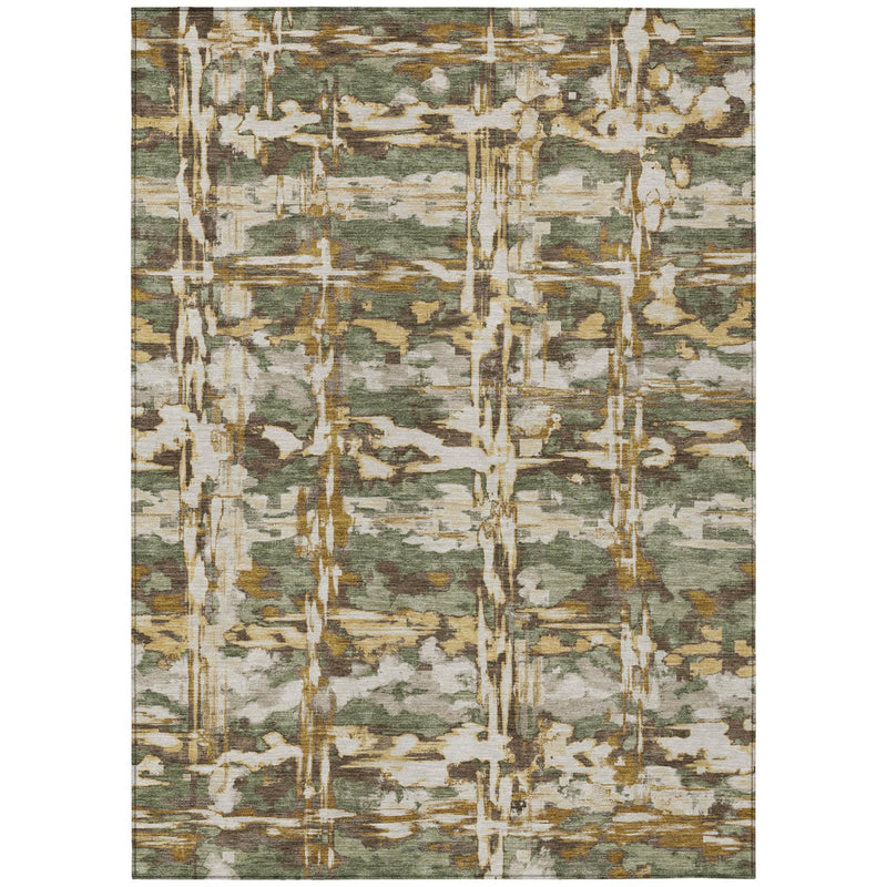 Rectangular indoor outdoor area rug featuring olive green and beige abstract pattern