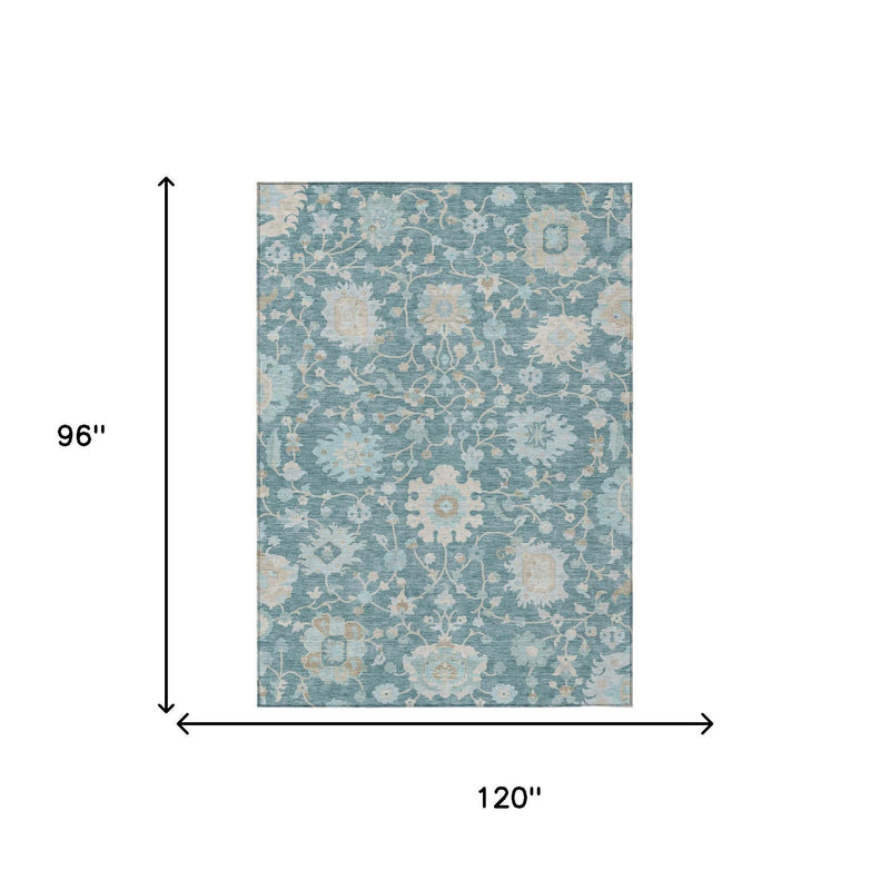 Teal blue floral area rug with size layout diagram