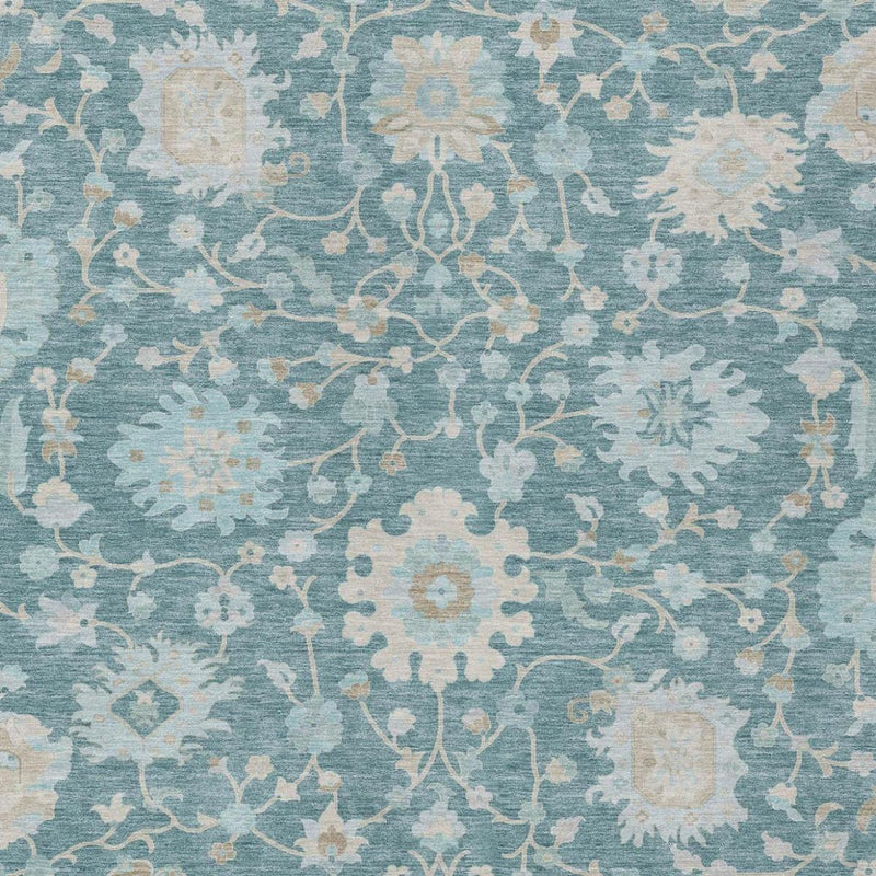 Teal blue floral area rug with cream and silver medallion motifs