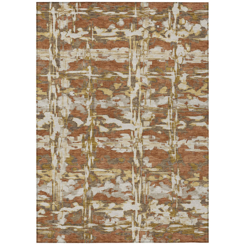 Abstract area rug with vertical brush-stroke pattern in orange, brown, and cream