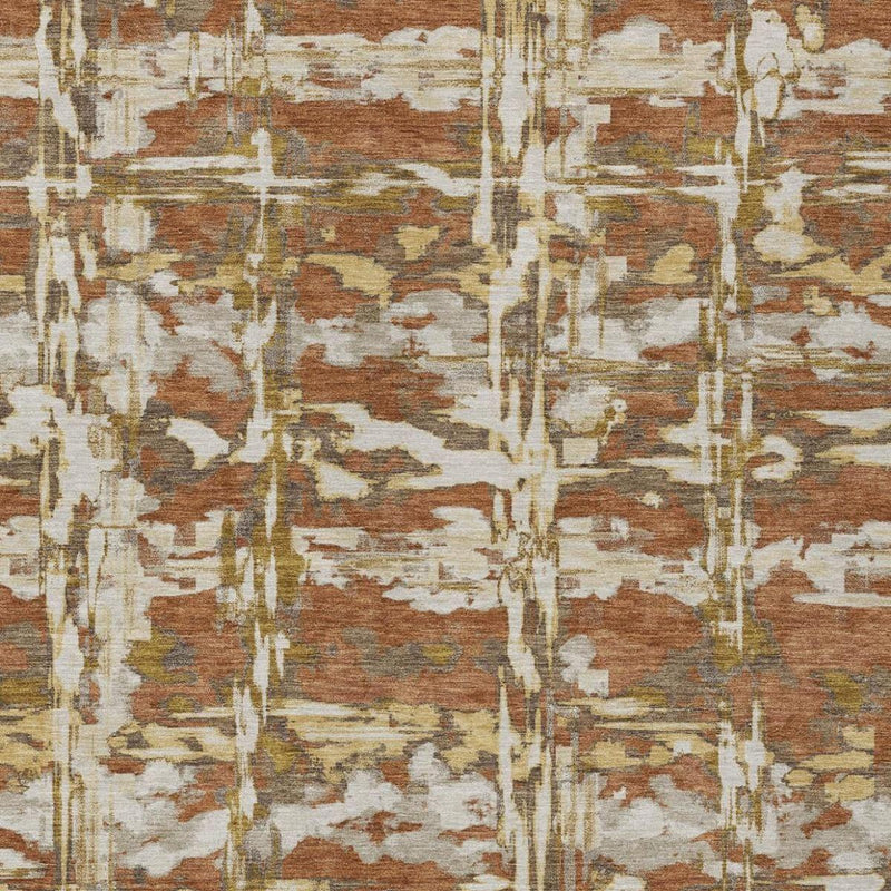 Abstract area rug close-up with cream, rust, and muted gold vertical brush stripes