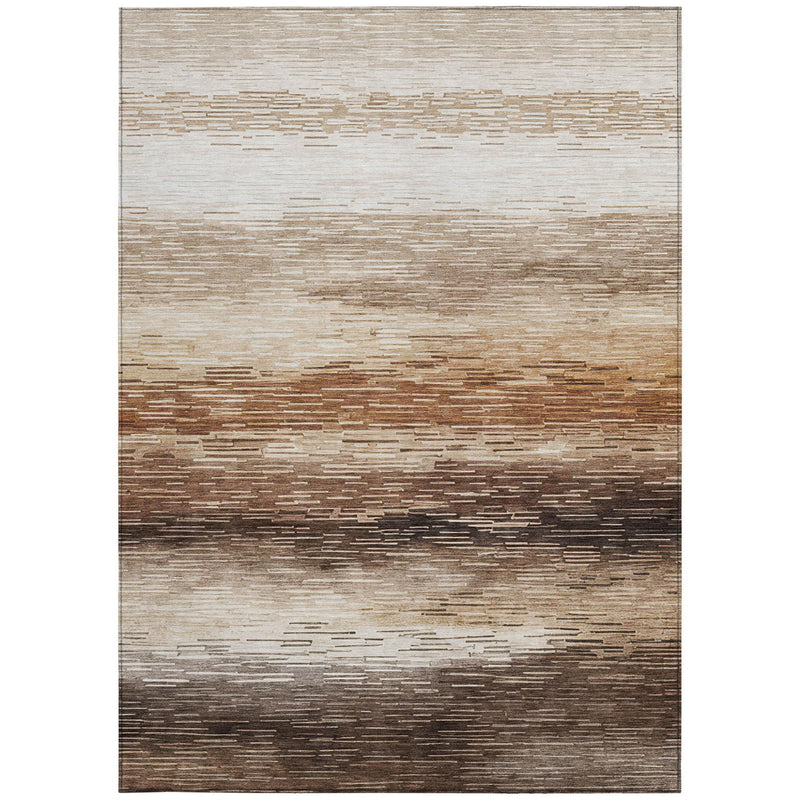 Rectangular brown and silver striped area rug with distressed horizontal bands