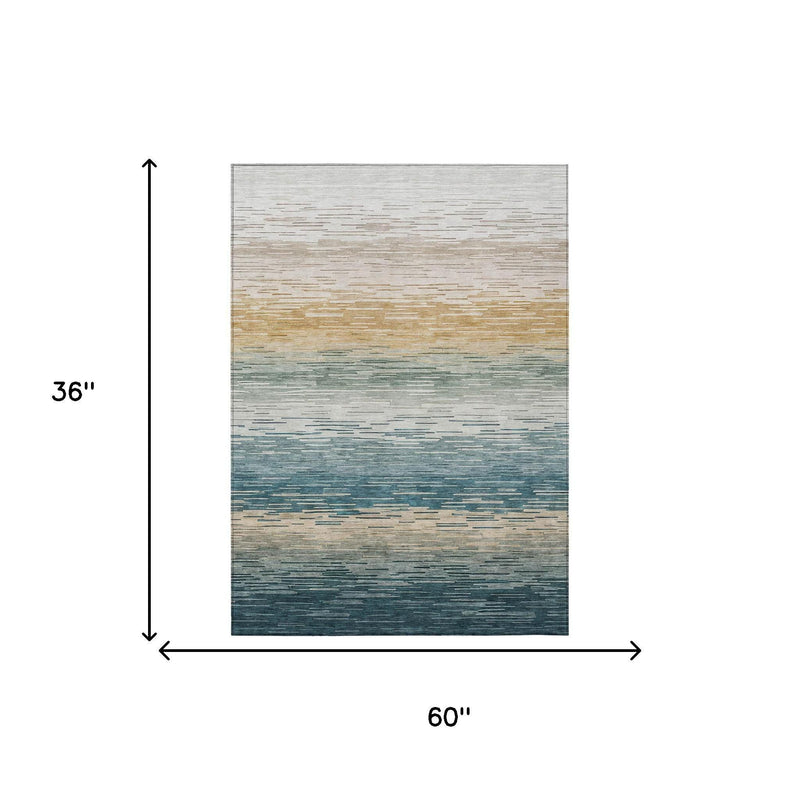 3 ft by 5 ft rectangular area rug with teal, silver, and beige stripes