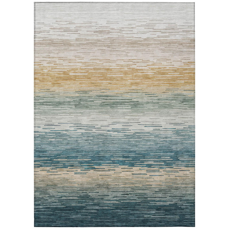 Full view area rug featuring horizontal stripes in teal blue, gray, and silver