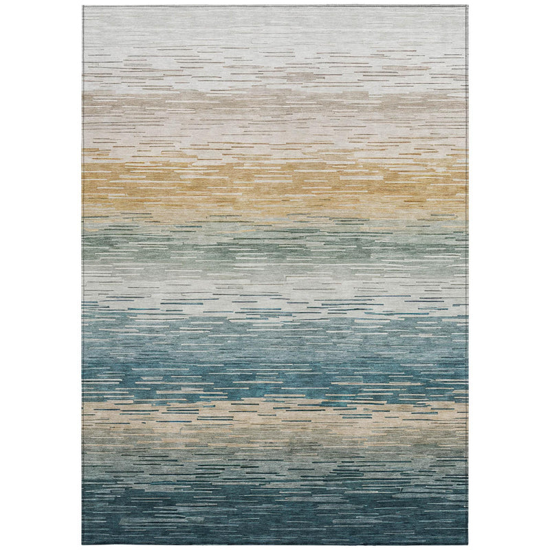 Rectangular area rug with horizontal stripe pattern in teal, silver, and sand