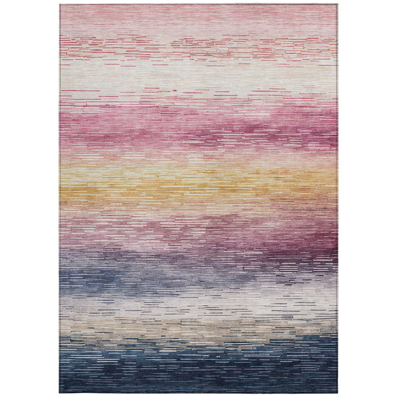 Rectangular indoor/outdoor area rug with faded horizontal stripes in blush, mauve, gray, and navy