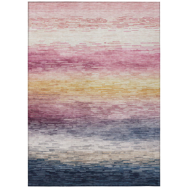 Rectangular area rug with abstract horizontal stripe blocks in blush pink, gold, and blue