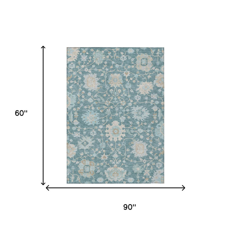 5 x 8 ft teal blue area rug with cream and silver floral design, rectangular