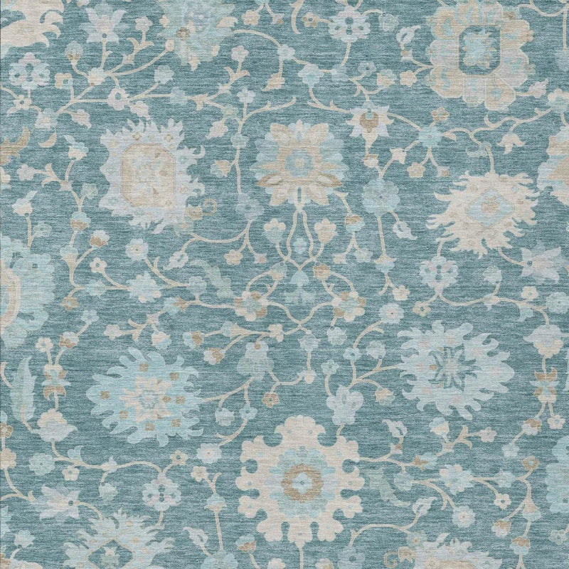Teal blue area rug with cream and silver floral lattice pattern, flat woven texture