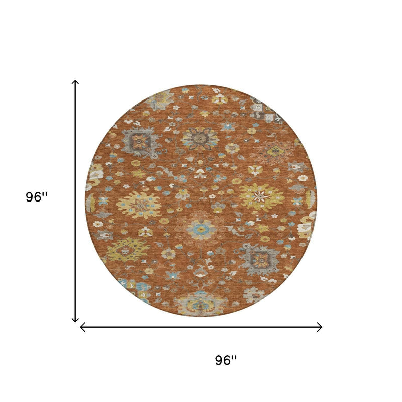 Round rust-brown area rug size diagram with floral pattern