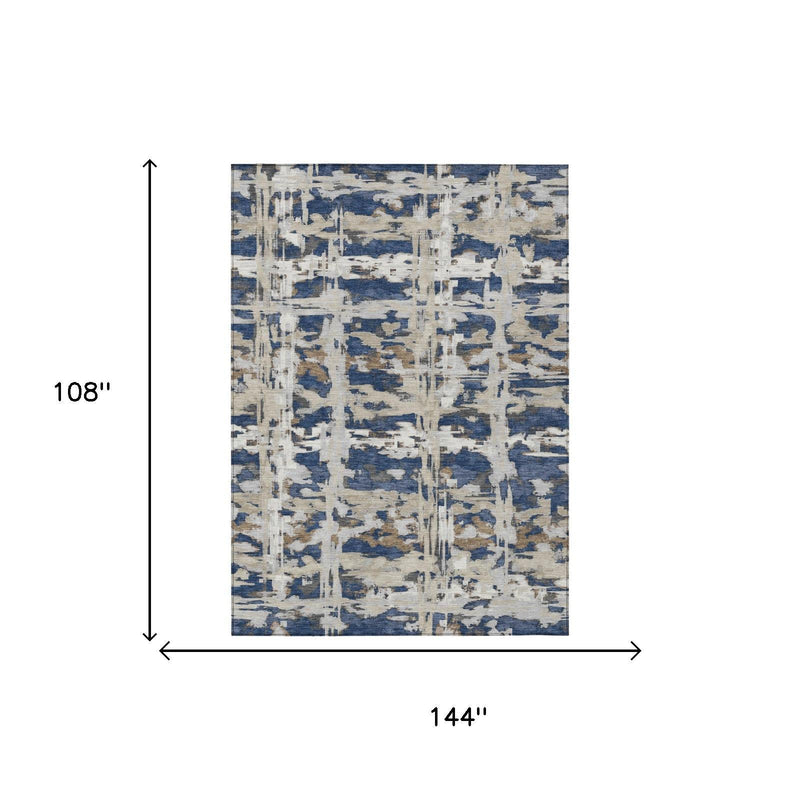Indoor/outdoor area rug, navy & blue abstract, 9x12 size shown with arrows