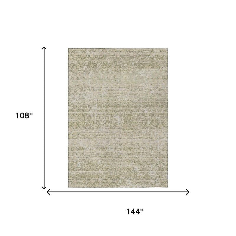 Rectangular abstract area rug, sage green and cream distressed pattern with flat weave