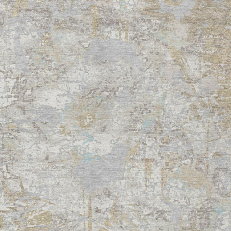Ivory and silver floral area rug close-up with distressed texture and faint blue details