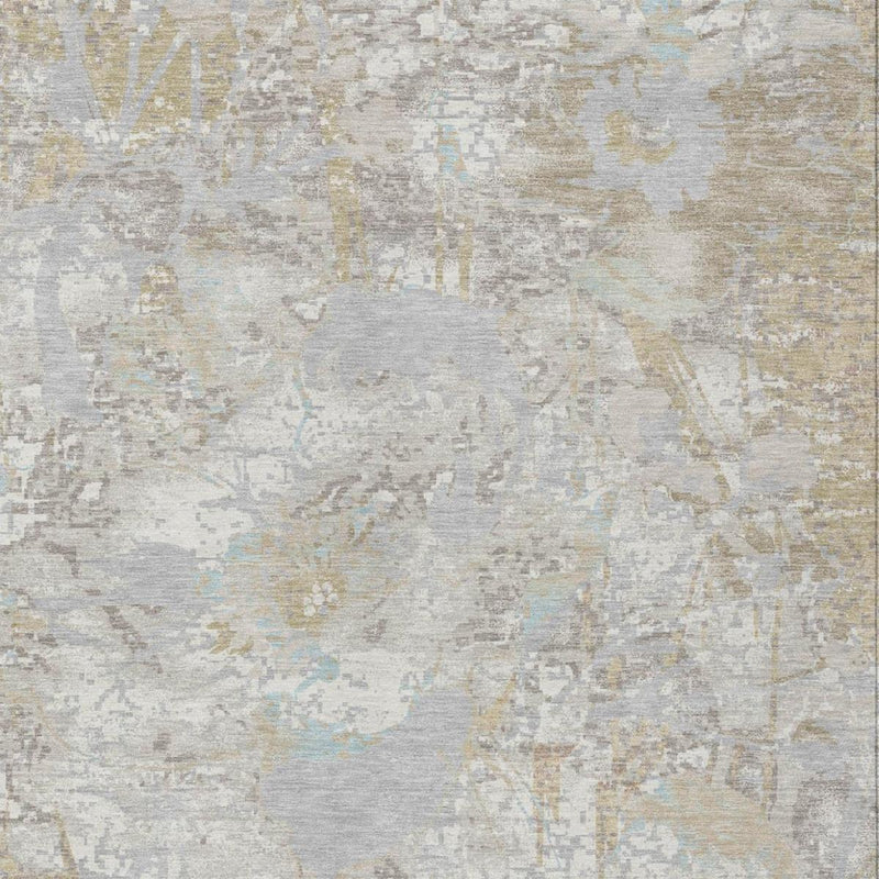 Ivory and silver floral area rug close-up with distressed pattern and pale blue accents