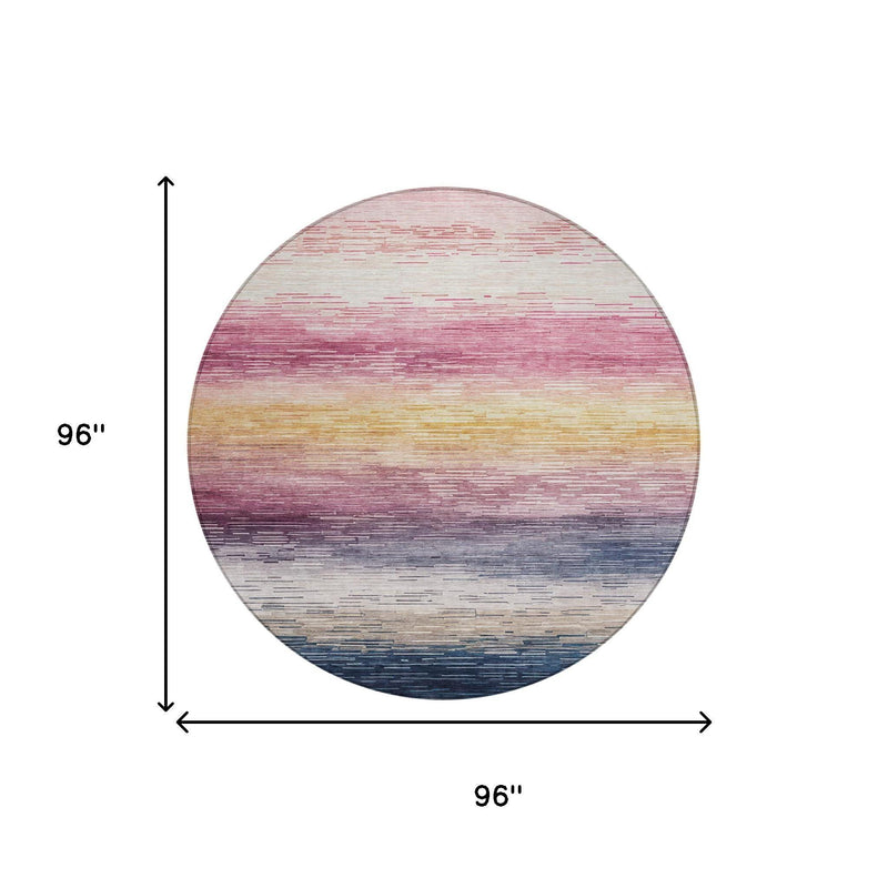 Round striped area rug showing 96 in diameter and blush-to-blue banded design