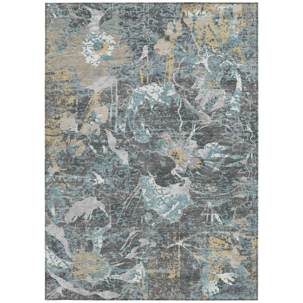 Gray and graphite area rug with abstract floral pattern in blue and yellow accents