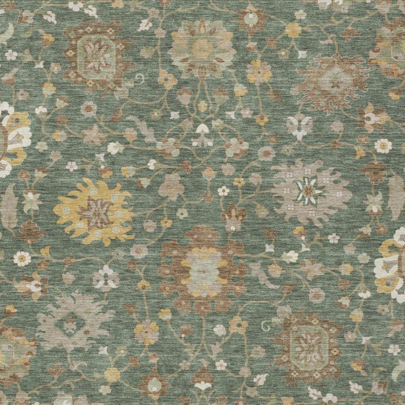 Teal-green floral area rug pattern with beige, yellow, and tan starburst and vine motifs