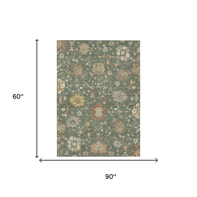 Teal-green floral area rug with beige and golden medallions, shown flat for sizing