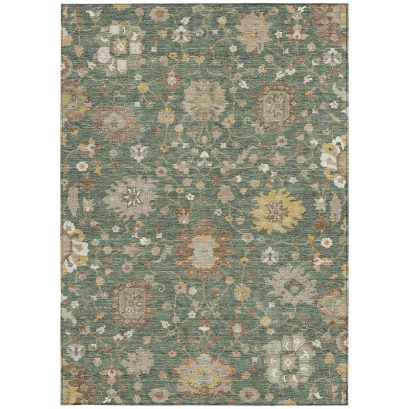 Floral area rug with teal-green base and beige, gold, and rust ornamental patterns