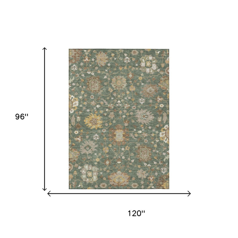 Rectangular 8x10 ft green and beige floral area rug, flat-weave pattern view.