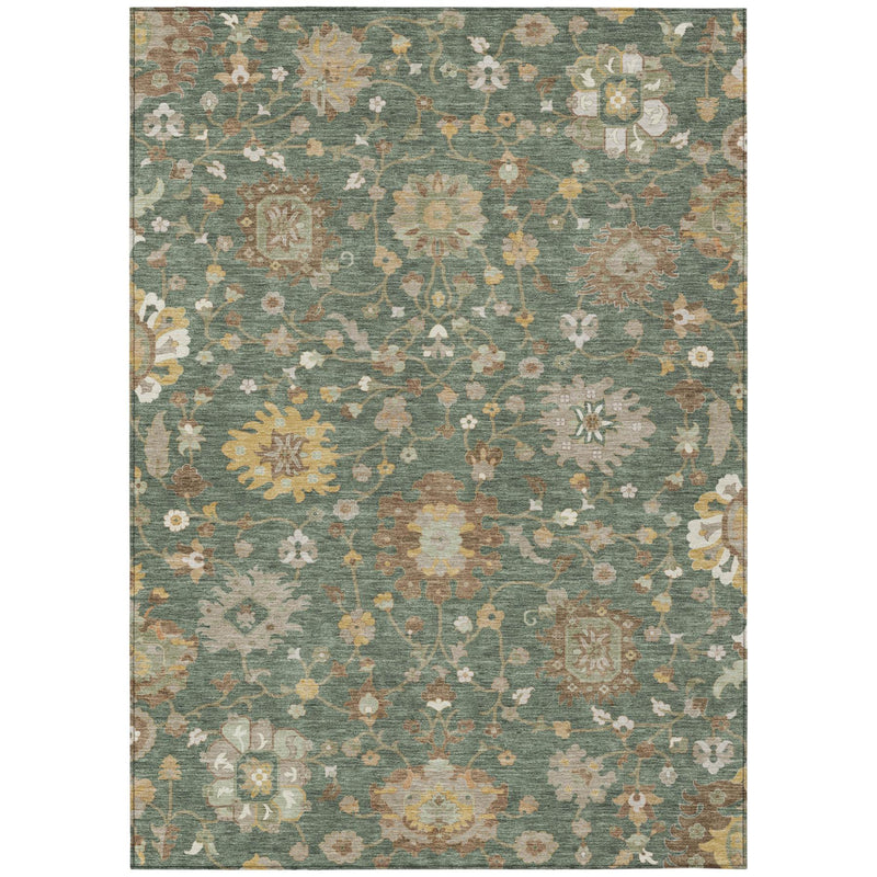 Full green and beige floral patterned indoor outdoor area rug, rectangular layout view.